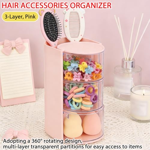 Aodse Hair Accessories Organizer with Rotatable 3-Tier Brush Holder (Pink, 3-Layer) for Hair Clips, Rings & Earrings