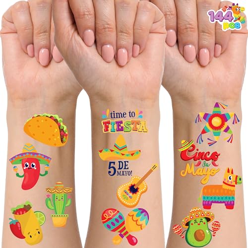 JOYIN 144 PCS Cinco De Mayo Temporary Tattoo Set for Mexican Themed Party, Fiesta Party Fake Tattoos Stickers Sombrero Hats, Taco Design, Face Body Tattoo Decorations