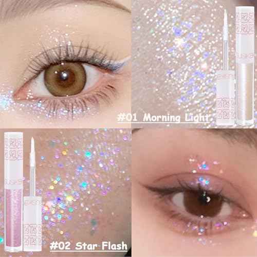 6Pcs Liquid Glitter Eyeshadow Eyeliner, Korean Makeup, Bling Under Eye Shadow, Shimmer Eye Make Up Valentine's Gift Set,Long Lasting,Quick Drying & Pigmented Loose Glitter Glue for Crystals Makeup