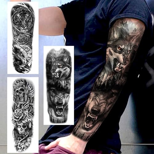 EGMBGM 20 Sheets Black Tribal Wolf Tiger Lion Temporary Tattoo Sleeve For Men Adults, 3D Halloween Prison Gothic Maori Sleeve Tattoos For Women, Fake Full Arm Sleeve Tattoo Stickers Skull Skeleton