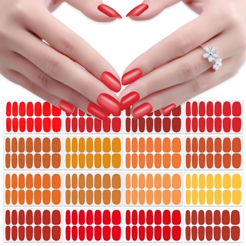 JERCLITY 224 Pieces 16 Sheets Nail Wraps for Short Nails Red Orange Solid Color Nail Polish Strips Nail Decals Self-Adhesive Nail Stickers Full Nail Wraps for Women Girls Nail Art