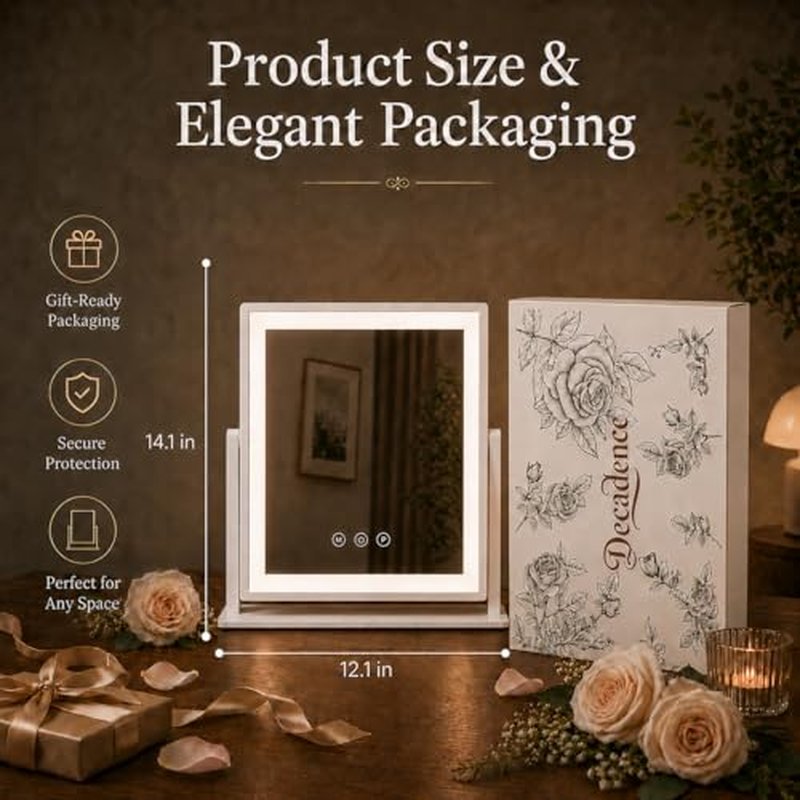 DECADENCE Lighted Makeup Mirror with 10X/5X Magnifiers - Dimmable & 360° Rotation