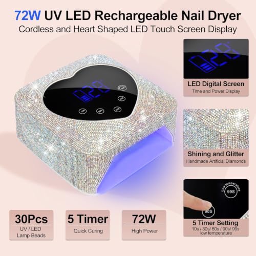 ShineCai Diamond UV LED Nail Lamp 72W Rechargeable Cordless Gel Curing with Auto Sensor & 5 Timer