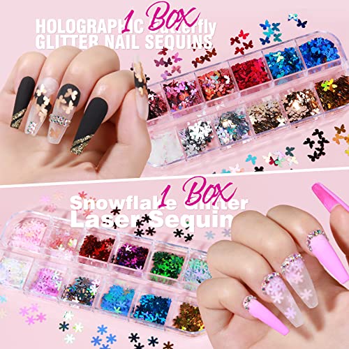 Teenitor Nail Stickers, 12 Sheets Nail Art Stickers 3D Self-Adhesive and 5 Boxes Butterfly Nail Sequins Heart Glitter Foil Flakes Nail Fruit Slices Nail Decorations for Nail Art