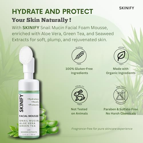 Glass-Skin Snail Mucin Facial Foam Cleanser w/Exfoliator ? Ultra Hydration with Aloe Vera, Green Tea & Seaweed ? All Skin Types Men & women ? Deeply Hydrates, Detoxifies & Protects (5.1 Oz)