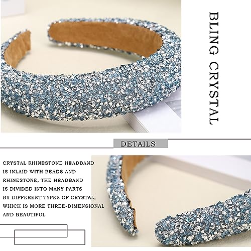 Sinalty Rhinestone Wide Headbands Bling Crystal Beaded Headband Blue Padded Hairbands Handmade Fashionable Bling Prom Hair Accessories for Women (Blue)