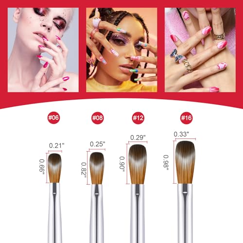 4PCS Gradient Red Silver Acrylic Nail Brush Set Kolinsky Hair Oval Pressed Shape
