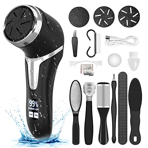 Electric Callus Remover for Feet (with Dander Vacuum), Portable Pedicure Kit Foot File Callus Remover, Rechargeable Waterproof Foot File for Foot Care Deadskin Remover with 3Head&LCD Display