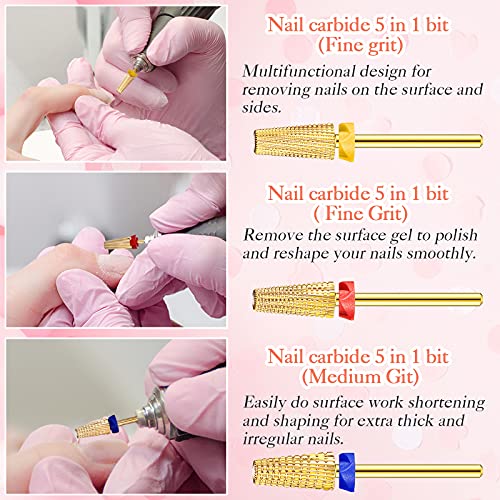 3 Pieces Nail Carbide 5 in 1 Bit Multi-function Tapered Shaping Nail Drill Carbide Nail Drill Bit Use for both Left to Right Handed, 3/32 Inch Nail Bit for Fast Remove Acrylic Gel Nail (Gold)