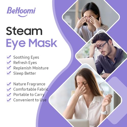 BeHoomi Lavender Scent Steam Eye Mask 10 Pack Self-Heating Disposable Relaxation & Sleep Aid