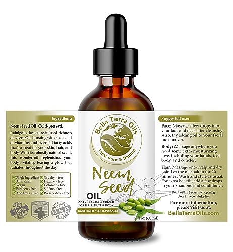 Bella Terra Oils - Organic Neem Seed Oil 2oz - Cold-Pressed Authenticity, Boosted with Antioxidants & Vitamin C, Perfect Elixir for Face & Skin