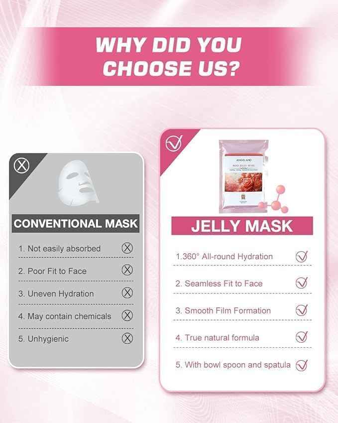 Jelly Mask for Facials Professional Natural Gel Masks - 10 Flavors Hydrating & Moisturizing Jelly Face Masks, Rose Hyaluronic Acid 24K Gold VC, Jelly Facial Mask with Jade Roller & Spatula Spa Use