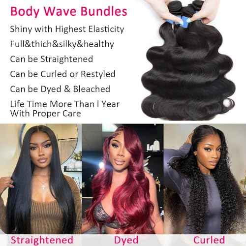 14A Body Wave Bundles Human Hair 20 22 24 Inch 100% Brazilian Virgin Real Raw Human Hair Bundles Body Wave Thick Weave Natural Color (20 22 24 Inch)