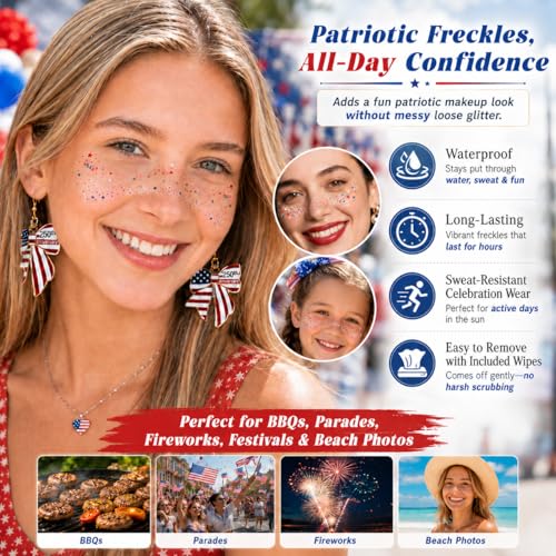 Patriotic Glitter Freckle Tattoos - 10pc Kit + Remover Wipes