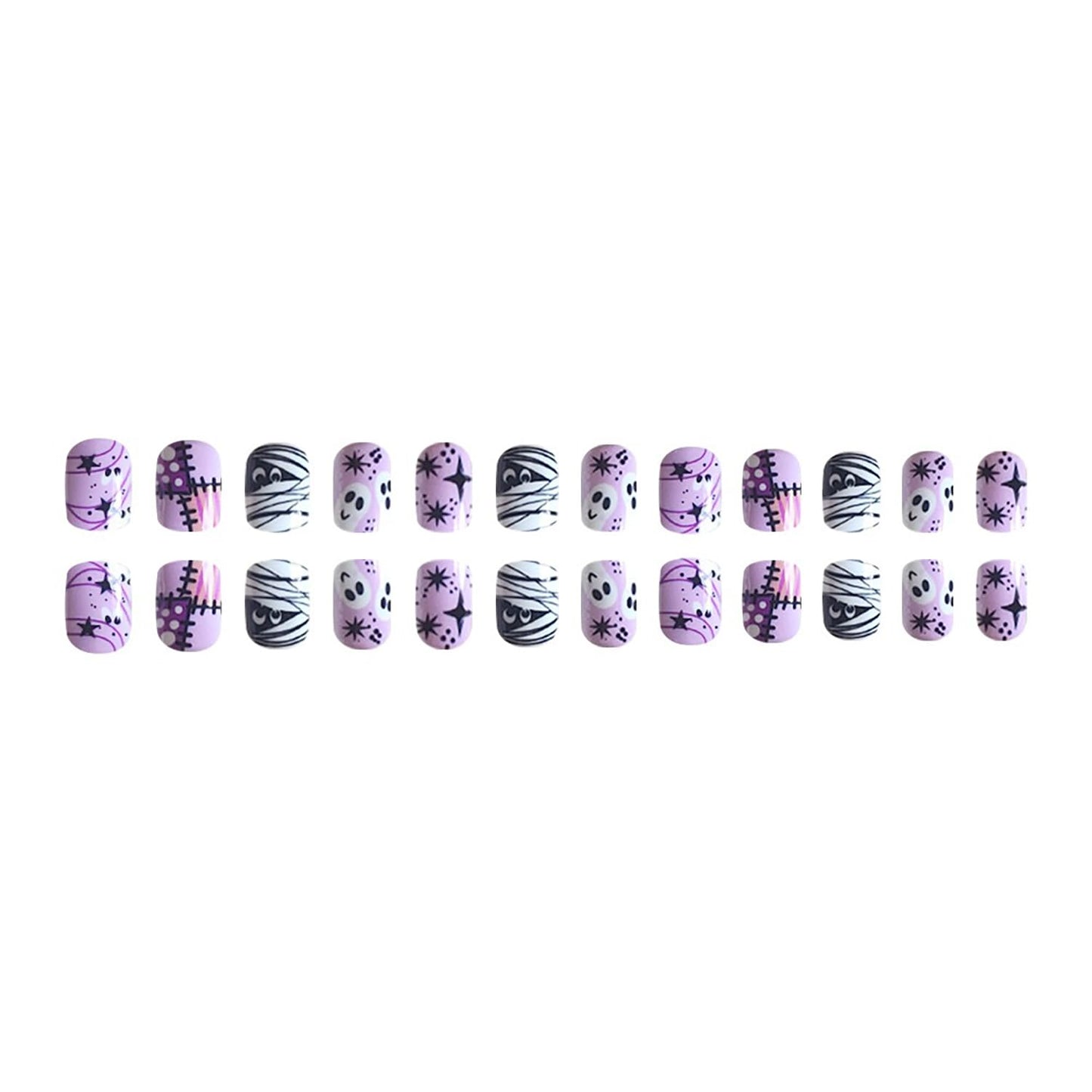 Halloween Press on Nails Short Square Mummy Fake Nails Purple Full Cover Skull Patch False Nails with Stars Designs Glossy Glue on Nails Cute Acrylic Nails Artificial Nails for Women Girls 24Pcs