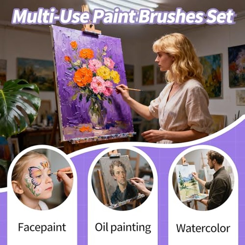 12 Pcs Paint Brushes Set for Adults & Beginners | Multi-Purpose Acrylic, Oil, Watercolor Paintbrushes | Fine Tip, Flat & Round Brushes for Canvas, Wood, Face Painting | with Art Stencils & Sponges