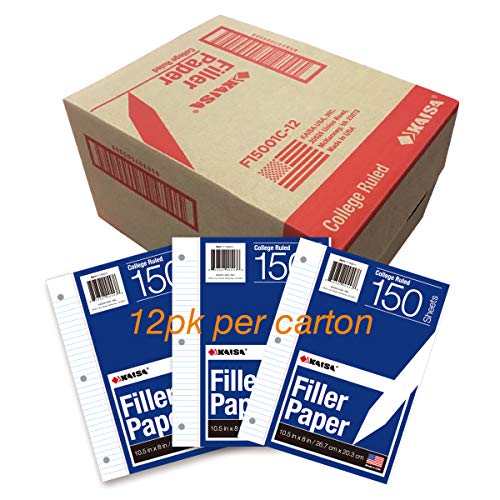 Kaisa Filler Paper Notebook Paper, College Ruled 8"x10.5" Loose Leaf Paper for 3-Ring Binders, 150 Sheet/pack,12pack (Total 1800 Sheets)