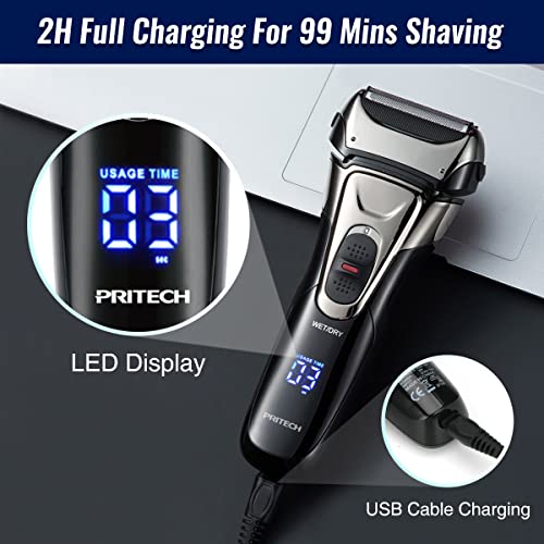 PRITECH Electric Razor for Men, Waterproof Foil Electric Shavers with Beard Trimmer, Cordless Rechargeable Razor for Shaving Face, LED Display Wet Dry Use