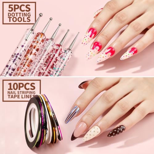 Teenitor 29Pcs Nail Art Kit with Brushes, Dotting Pens & Striping Tape