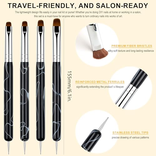 JFIYUOMCI Marble Black French Nail Brush Set 10#,12#,14#,16# Dual-Function Manicure Tools