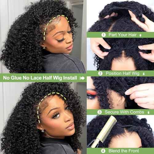 Kinky Curly Half Wig Human Hair 200 Density Wear Go Glueless Wigs Human Hair 3 In 1 Seamless Flip Half Wigs for Women 24 Inch Drawstring Curly Headband Wig Human Hair Beginner Friendly