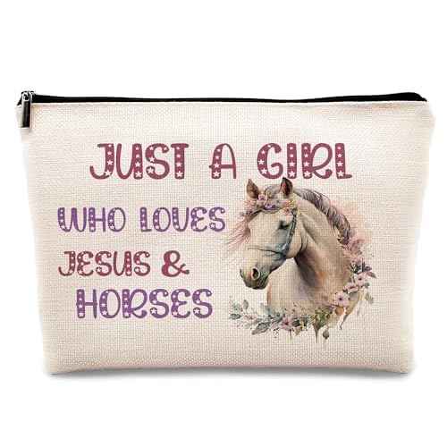 KDQUA Horse Lovers Makeup Bag, Just a Girl Who Loves Horses, Funny Cowgirl Equestrian Gifts - Linen Cosmetic Bag Zipper Pouch Travel Toiletry Bag