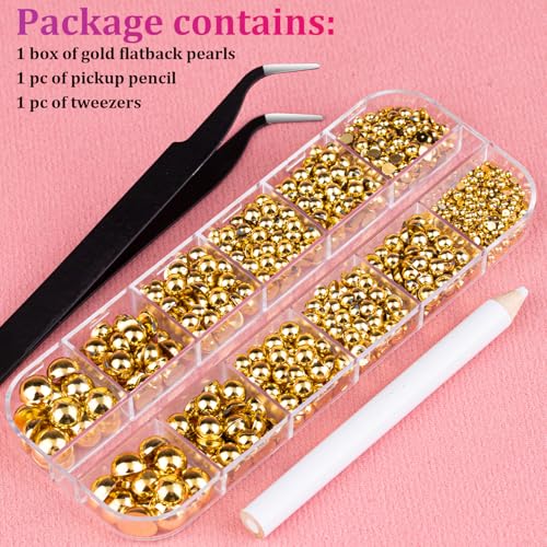 Belleboost Gold Flatback Pearls for Nails - 6 Sizes Nail Art Kit with Tools