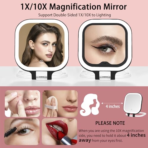 DESCHEN 7-Inch Travel Makeup Mirror with Lights & 10X Magnification - Black
