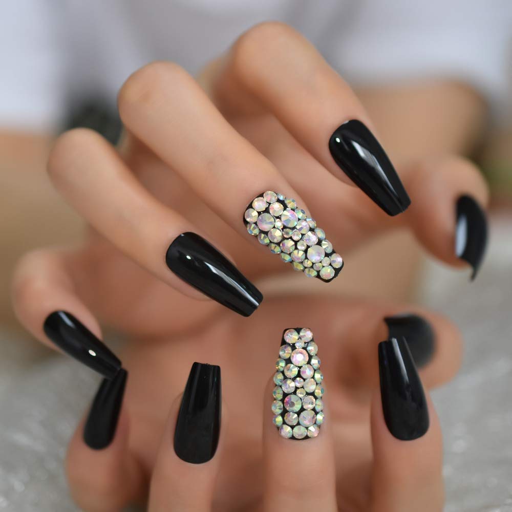 CoolNail Glossy Pure Black Coffin Stiletto False Nail Tips 3D AB Diamond Acrylic Ballerina UV Press On Fake Nails 1 Sheet Sticker Tape