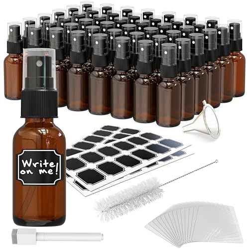 Nevlers Amber Glass Spray Bottles Small 1 Oz 48 PK | Mini Spray Bottle Set w/Amber Bottles, Shrink Wrap, Labels, Marker, Funnel & Brush | Travel Size Mist Bottle For Use as Oil Mister & Hair Mister