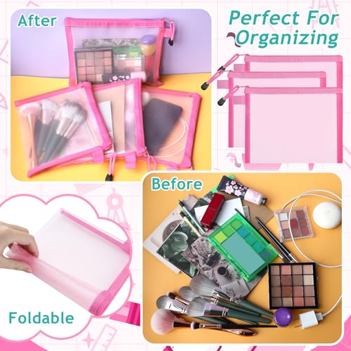 12-Piece Nylon Zipper Pouch Set, Pink Mesh Cosmetic Bags, Zippered Travel & Office Supplies Organizers - A5