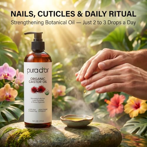 PURA D'OR Organic Castor Oil 16oz Cold-Pressed for Hair Skin Nails - USDA Certified