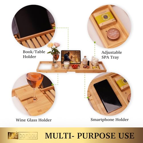 Bamboo Bathtub Caddy Tray with Wine & Book Holder