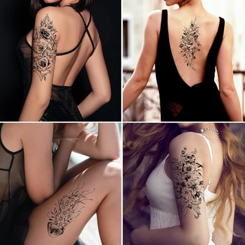 Cerlaza Black Flower Half Sleeve Temporary Tattoos for Women (10 Sheet)