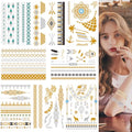 Aresvns Waterproof Metallic Temporary Tattoo,Gold Boho Snake Flash Jewelry Tattoos, 8 Sheets Gold Silver Fake Tattoos for Women Teen Girls