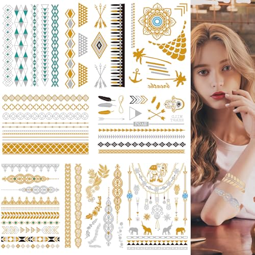 Aresvns Waterproof Metallic Temporary Tattoo,Gold Boho Snake Flash Jewelry Tattoos, 8 Sheets Gold Silver Fake Tattoos for Women Teen Girls