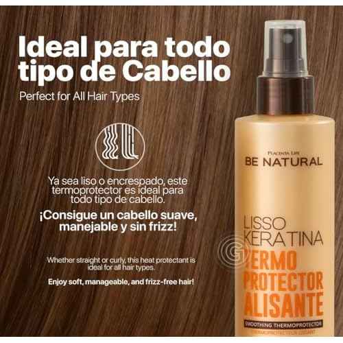 Be Natural Lisso Keratina Heat Protectant Spray for Hair Smoothing, Sulfate-Free, 8.45 fl oz. Termoprotector alisante