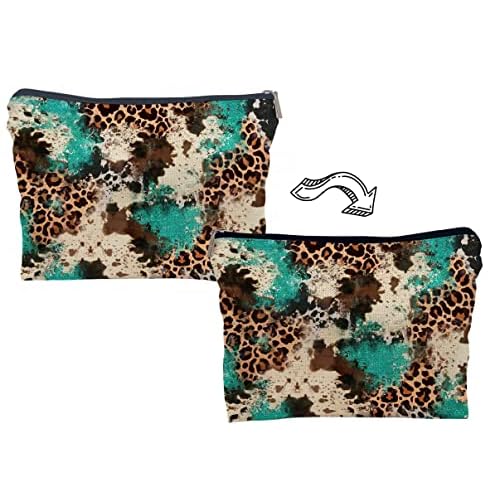 Western Cowhide Leopard Turquoise Glitter Pattern Fashion Makeup Bag Make up Cosmetic Bag Small Zipper Pouch,Gifts for Girls Women