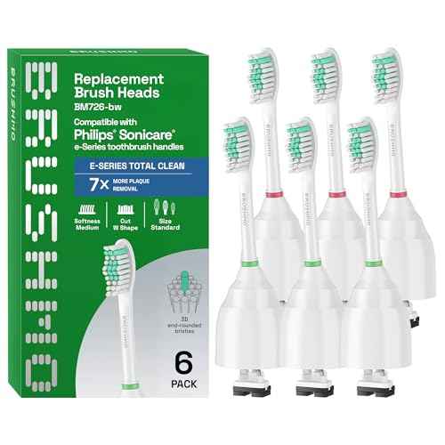 Brushmo e-Series Total Clean Replacement Toothbrush Heads, Compatible with Philips Sonicare Screw-on Electric Toothbrush Handles, 6 Standard Heads, Medium Firm Dupont Bristles, BM726-bw, White