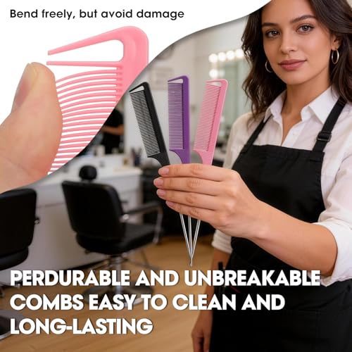 Salon-Style Rat Tail Combs Set - Steel Pin Teasing & Parting Combs for Hair Styling - Purple, Black, Pink