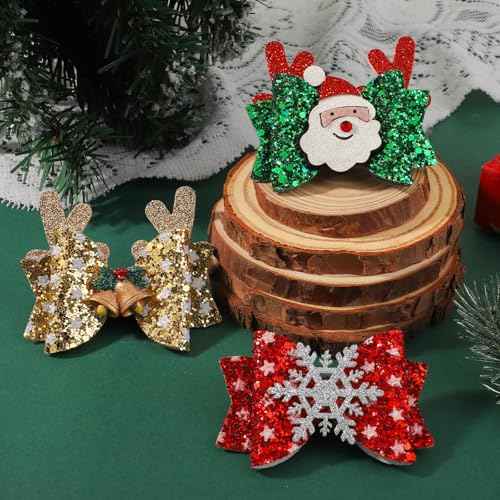 choicbaby 6pcs Christmas Hair Bows Clips 3" Glitter Sequin Baby Girl Hair Bows Christmas Bell Snowflake Santa Hair Accessories for Baby Girls Toddler Kids