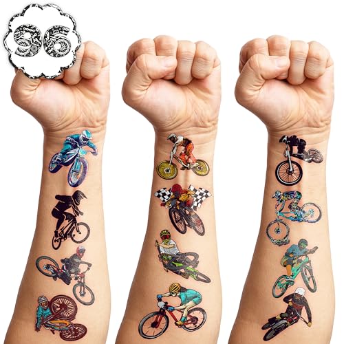105 PCS Bike Temporary Tattoos Birthday Party Decorations Supplies Favors Black Bycicle Street Mountain Road Bike Sports Decor Stickers For Boys Girls Gift School Prizes Rewards