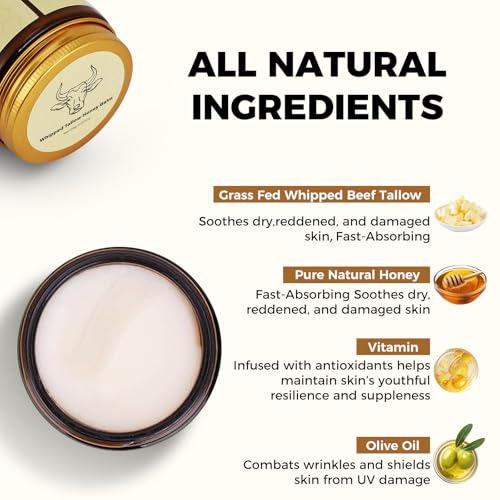 Beef Tallow for Skin - Organic Grass Fed Whipped Moisturizer with Honey Balm, Natural Hydrating Cream for Face & Body, Relief for Dry & Sensitive Skin (4.23oz, Lavender)