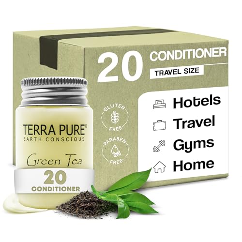 Travel Size Hotel Conditioner 20 Count 1 oz Bottles Guest Amenities for Hotels Vacation Rentals and Short Term Rentals Paraben Free Green Tea Scent Infused with Aloe and Olive Oil by Terra Pure