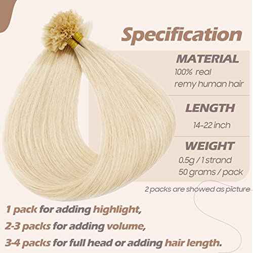 S-noilite U Tip Hair Extensions Human Hair Blonde U Tip Fusion Hair Pre Bonded Nail Tipped Hair Italian Keratin Glue Remy Human Hair Straight 100 Strands/50g 16" (#60 Platinum Blonde)