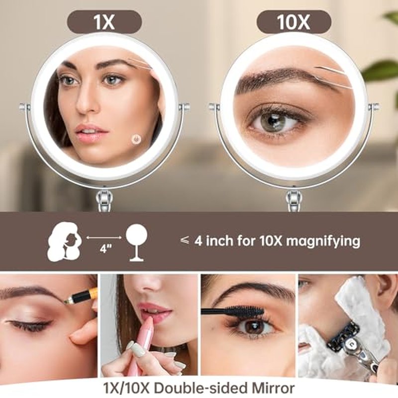 9" Makeup Mirror with Lights and Magnification,4000 mAh Rechargeable Lighted Makeup Mirror,10X Magnifying Mirror with Light and Touch Switch, 360¡Æ Rotation Vanity Mirror with 3 Color Light