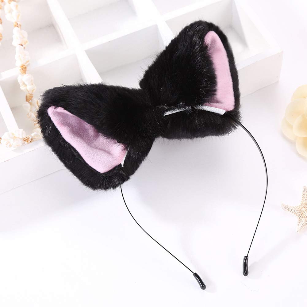 BAOBAO Women Girl Cat Fox Long Fur Ears Headband Party Cosplay Costume Hairband (Black&Pink)