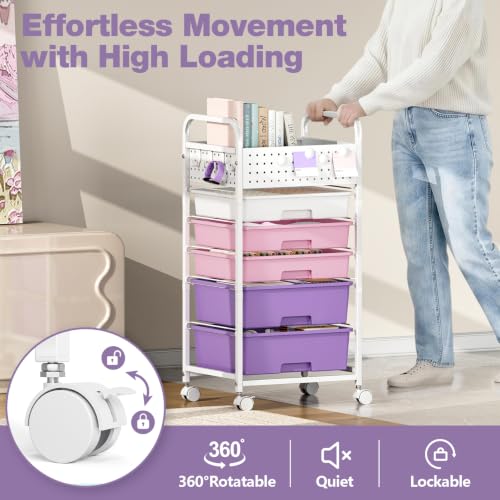 Dreamy Color 5-Drawer Rolling Storage Cart with Pegboard Top & Hooks - SYKIARIOL