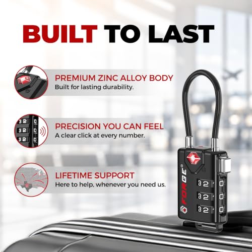 Forge TSA Approved Luggage Locks 2 Pack - Black, 3-Digit Cable Locks