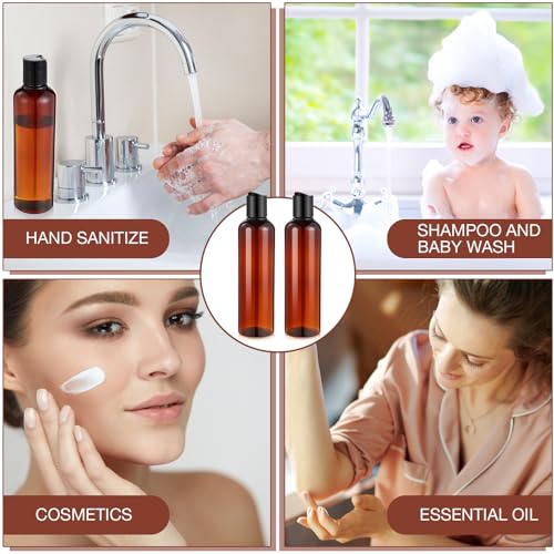 Mimorou 50 Pcs 8.5 oz Plastic Squeeze Bottle with Disc Top Flip Cap Empty Amber Refillable Container Small Travel Toiletry Bottle with Black Cap for Lotion Shampoo Oil Body Soap Creams